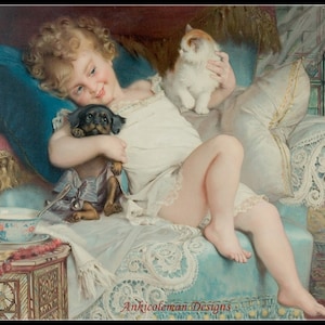 May include: A young girl in a white nightgown is lying on a blue and white couch with a black and brown dog and a white cat. The girl is holding the dog in her arms and the cat is sitting on the couch next to her. There is a small table with a bowl and a spoon on it.