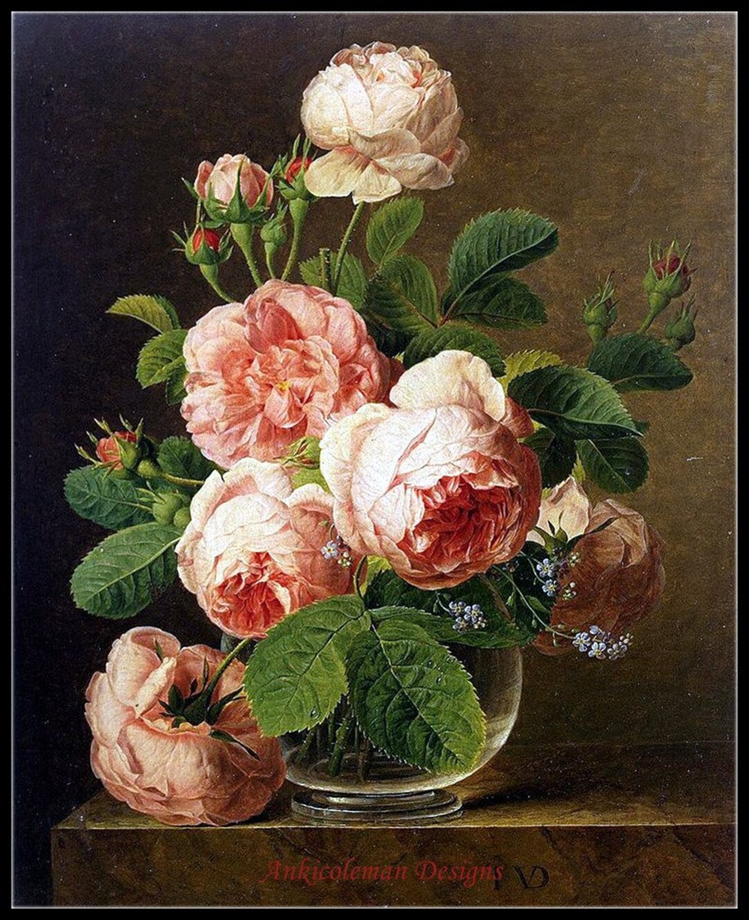 Roses in a Glass Vase - Counted Cross Stitch Patterns - Printable Chart ...