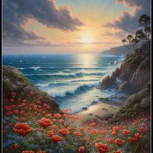 Puede incluir: Una pintura de una puesta de sol sobre una costa rocosa con un campo de amapolas rojas en primer plano. El océano es de un azul profundo y el cielo es de un naranja y rosa suave. El sol se pone en la distancia, proyectando un brillo dorado sobre la escena.