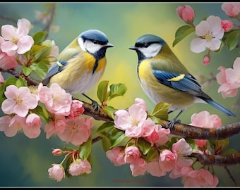May include: Two bluebirds perched on a branch of a flowering tree with pink blossoms. The birds are facing each other and have yellow and blue markings.