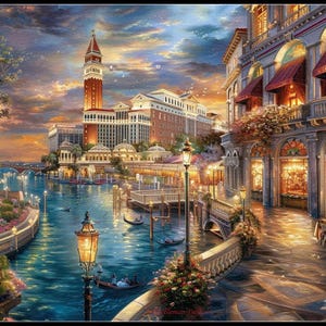 May include: A detailed painting of a Venetian canal scene at dusk. The artwork features a tall brick tower, buildings with awnings, and gondolas on the water. The sky is filled with warm colors, and the scene is illuminated by streetlights.