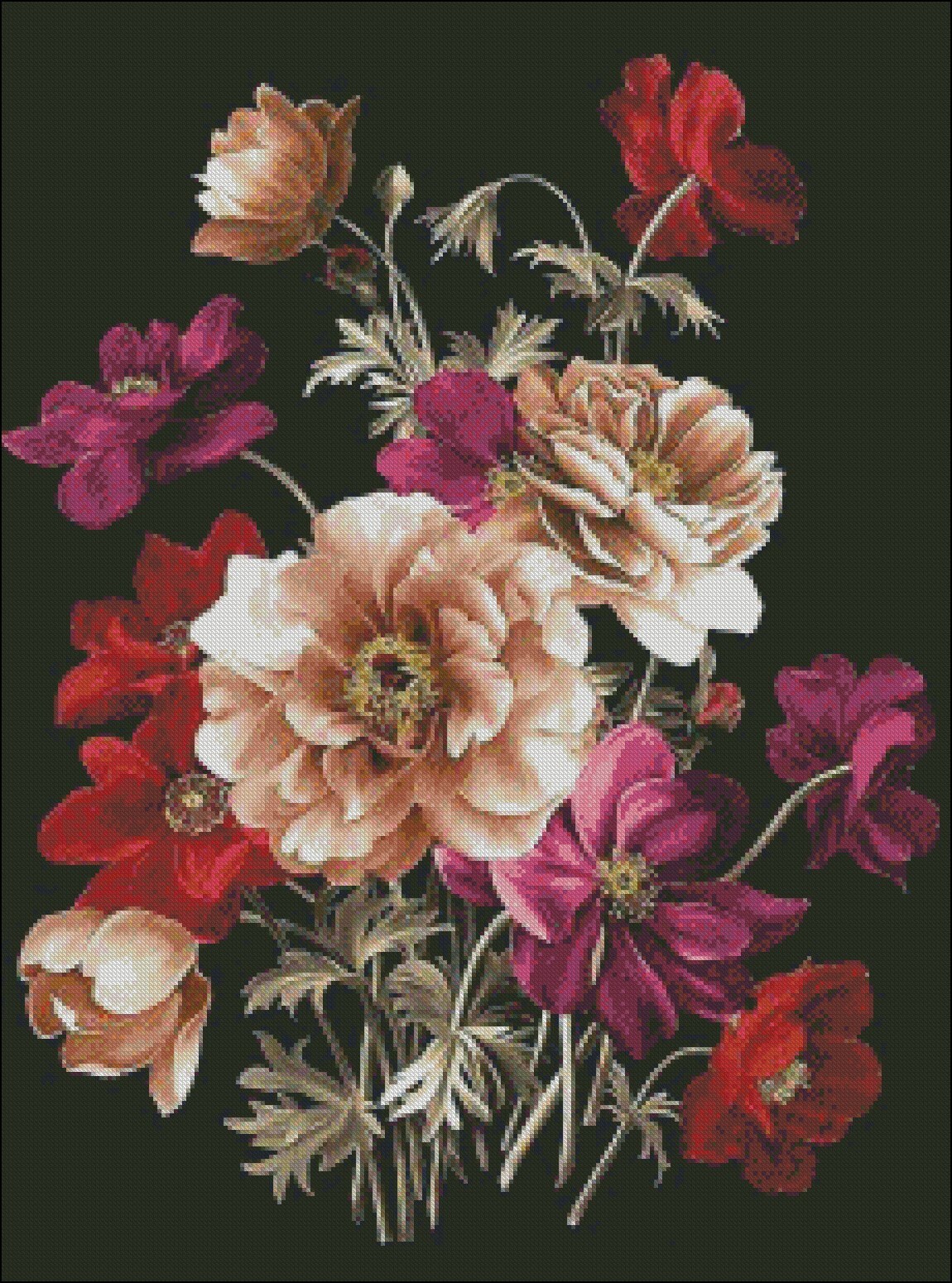 Black Background Flowers 2 - Counted Cross Stitch Patterns - Printable ...