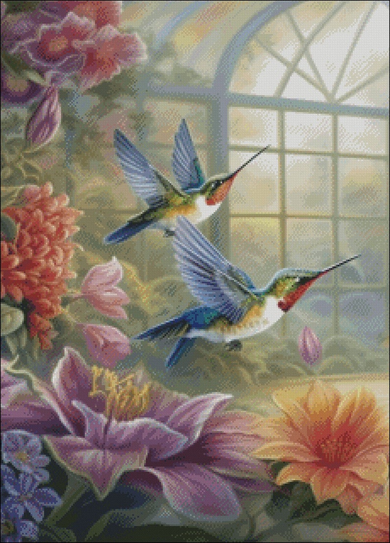 Flying Hummingbirds 1 Counted Cross Stitch Patterns Printable Chart PDF Format Needlework