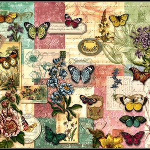 Op de afbeelding: Een collage van vintage ansichtkaarten en postzegels met vlinders en bloemmotieven. De vlinders zijn in verschillende kleuren, waaronder blauw, groen, geel en oranje. De bloemen zijn in tinten roze, paars en blauw. De achtergrond is een patchwork van verschillende kleuren en texturen.