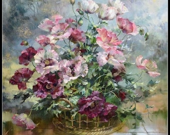 May include: A painting of a bouquet of pink, white, and purple poppies in a woven basket. The flowers are arranged in a vase and are surrounded by green leaves. The background is a soft blue and green.