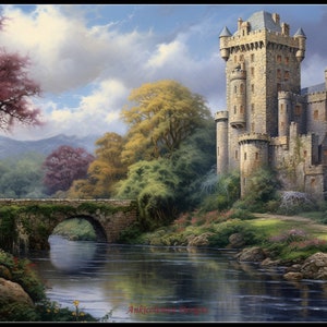May include: A picturesque landscape painting of a stone castle with multiple turrets, set beside a river. A stone bridge arches over the water, and colorful trees and foliage surround the castle. The sky is blue with fluffy clouds.