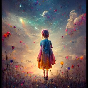 以下が含まれることがあります： カラフルなドレスを着た若い女の子が花畑に立って、虹の筋のある星空を見上げています。背景は、雲とキラキラ光る光が浮かぶ鮮やかな青色です。