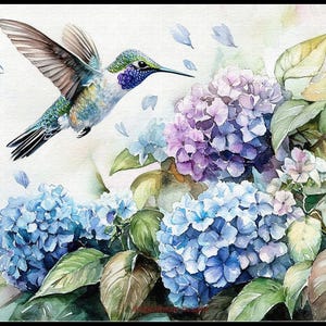 May include: Watercolor painting of a hummingbird in flight, wings spread, approaching blue and purple hydrangeas. The bird has green, blue, and white feathers. Soft, light background with scattered blue petals and green leaves.
