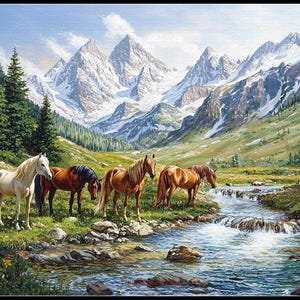 May include: Four horses stand by a stream in a mountain valley. The horses are brown and white, and the mountains are snow-capped. The sky is blue and there are clouds in the distance.