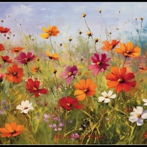 Può includere: Un dipinto che rappresenta un campo di fiori selvatici colorati, tra cui fiori arancioni, rossi, rosa e bianchi. I fiori sono in diverse fasi di fioritura e lo sfondo è un cielo azzurro morbido.