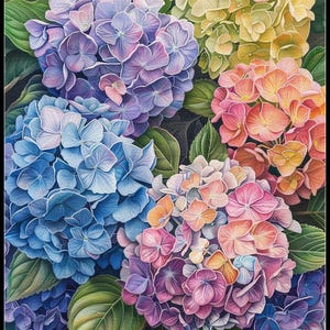 May include: A vibrant painting of hydrangea flowers in full bloom. The image showcases a variety of colors, including blue, purple, pink, orange, and yellow, with lush green leaves. The artwork is detailed and captures the delicate petals of the flowers.