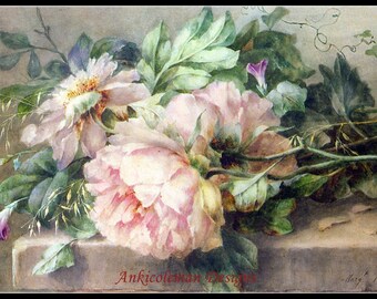 May include: A watercolor painting of a bouquet of pink and white flowers with green leaves. The flowers are arranged on a light brown surface. The painting is signed "Mary Rosenbaum".