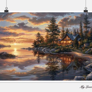 May include: A painting of a cabin in the woods with a lake in the foreground. The cabin is lit up with warm light, and the lake is reflecting the sunset sky. The trees are silhouetted against the sky.