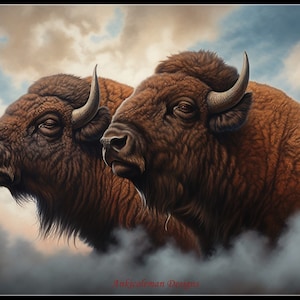 May include: Two brown bison with large horns stand against a cloudy sky. The bison are facing different directions, but their heads are close together. The sky is a mix of blue and white clouds.