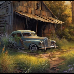 Könnte beinhalten: Ein blauer Oldtimer, der vor einer rustikalen Holzscheune geparkt ist. Das Auto ist leicht verrostet und aus den Fenstern wachsen überwucherte Pflanzen. Die Scheune hat eine Holztür und ein Fenster. Die Szene spielt in einer ländlichen Gegend mit hohem Gras und Bäumen im Hintergrund.