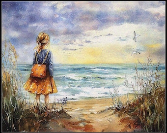 Una ragazza e l'oceano - Schemi punto croce - Schema stampabile in formato PDF Ricamo Artigianato Fai da te Colore DMC