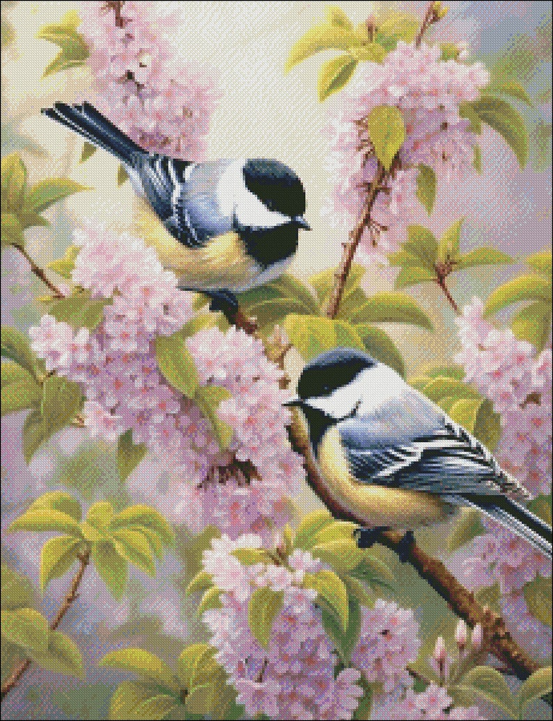 Chickadees and Lilacs 2 Counted Cross Stitch Patterns Printable Chart