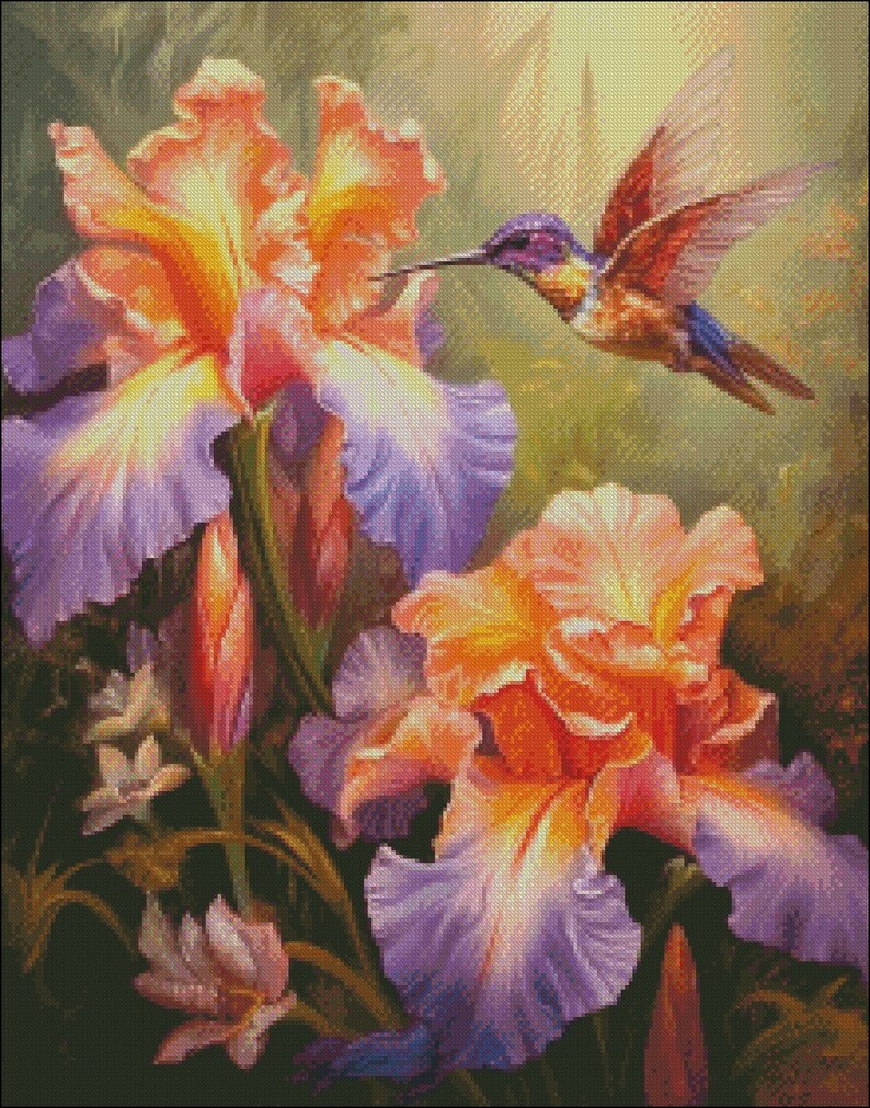 Iris and Hummingbird 2 Counted Cross Stitch Patterns Printable Chart