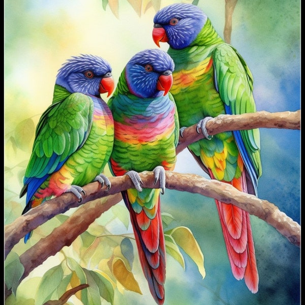 3 Rainbow Lorikeets - Counted Cross Stitch Patterns - Printable Chart PDF Format Needlework Embroidery Crafts DIY DMC color