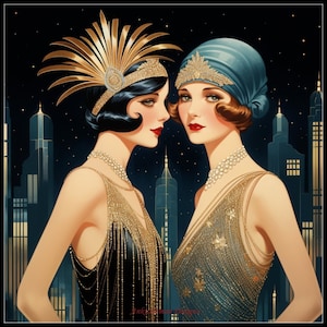 Art Deco Dames 7 - Getelde kruissteekpatronen - Afdrukbare grafiek PDF-formaat Handwerken Borduren Ambachten DIY DMC-kleur