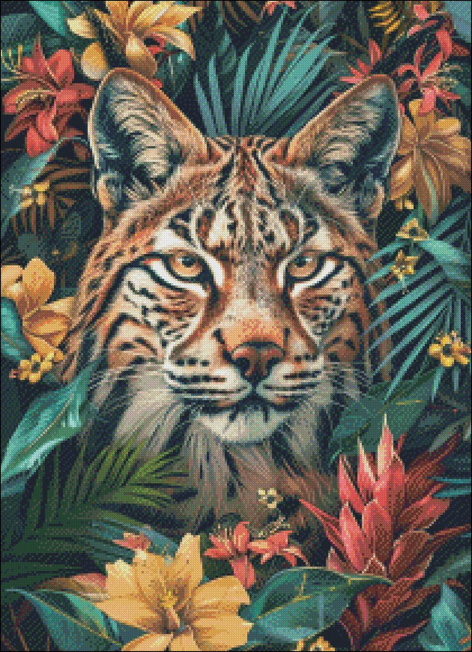 Bobcat Face Flowers - Counted Cross Stitch Patterns - Printable Chart ...