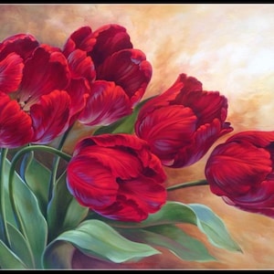 Rode Tulpen 3 - Getelde kruissteekpatronen - Afdrukbare grafiek PDF-formaat Handwerk Borduurambachten DIY DMC-kleur
