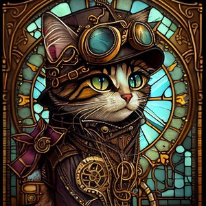 Kitty, Gebrandschilderd glas - Getelde kruissteekpatronen - Afdrukbare grafiek PDF-formaat Handwerk Borduurambachten DIY DMC-kleur