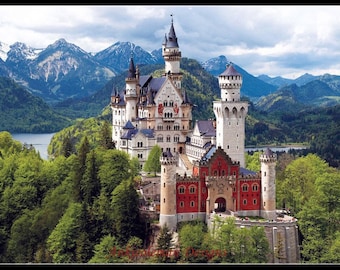 May include: A white castle with red accents sits on a hill overlooking a lake and mountains. The castle has multiple towers and a large central building. The surrounding landscape is lush and green.
