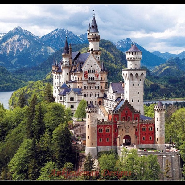 Neuschwanstein Castle, Bavaria - Counted Cross Stitch Patterns - Printable Chart PDF Format Needlework Embroidery Crafts DIY DMC color