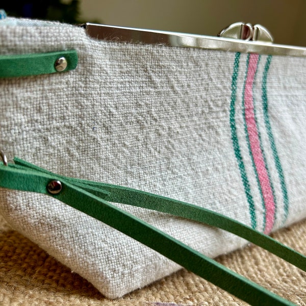 Wristlet, Clutch Bag, Clutch Purse, Authentic Grain Sack, Antique Textiles, French Grain Sack, Grain Sack Stripes, Metal Frame Purse