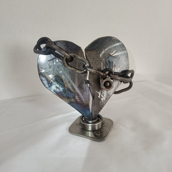 Metal Heart Sculpture | Broken Heart Art | Industrial Decor | Recycled Scrap Metal | Unique Gift Idea | Chain-bound Heart Figurine