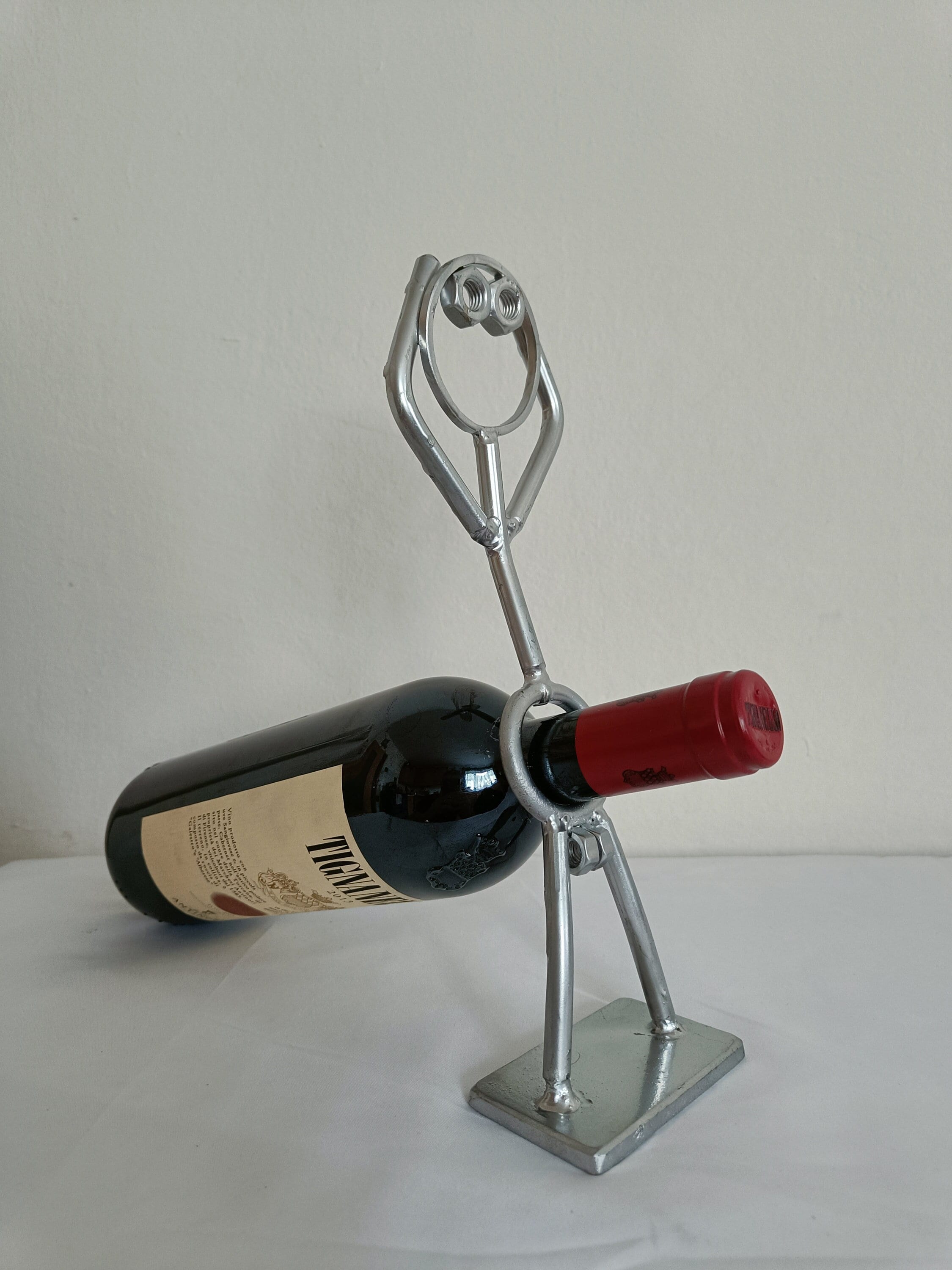 Metal Wine Bottle Holder Whimsical Man Sculpture Unique Bar Decor