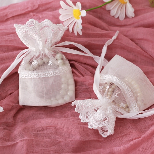 10–200 Organzabeutel mit Kordelzug, Schmuckbeutel, Organza-Geschenkbeutel, weiße Spitze, Hochzeitsgeschenkbeutel, Organza-Schmuckbeutel, Süßigkeiten-Verpackungsbeutel