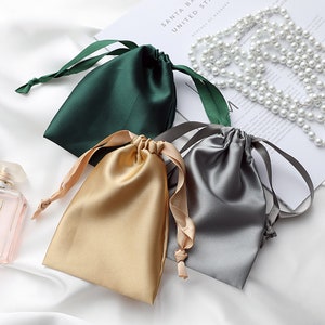 Emerald gift bags, Gold jewelry pouches, Gray Party favor bags, Satin gift bags