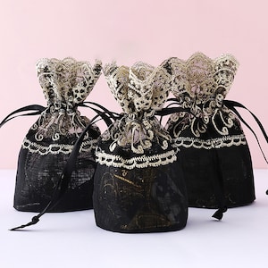 1-200 Black Organza Jewelry Pouch, Gold Flower Lace Bags, Black Organza bags, Flower bags, Perfume Packaging Pouches, Jewelry Storage bags