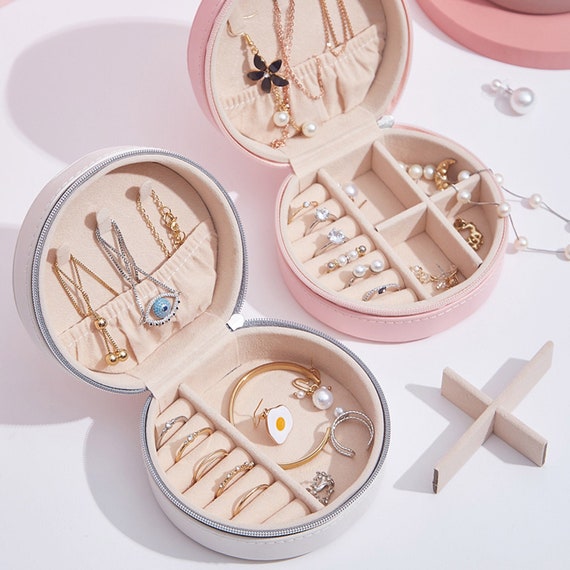 Personalized Round Travel Jewelry Case Earrings Necklace Etsy