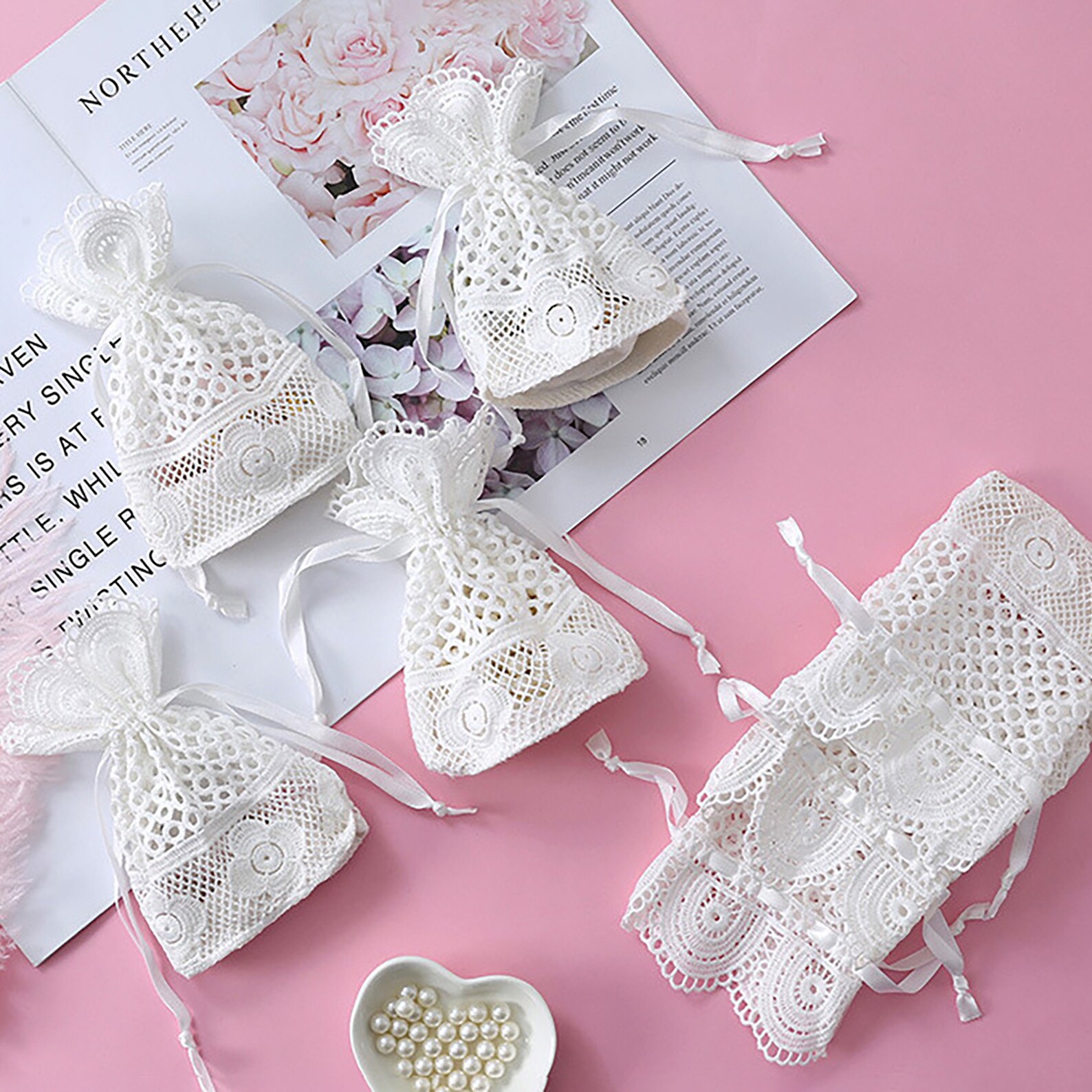 White Lace Gift Bagshollowedout Drawstring Bag Wedding Etsy