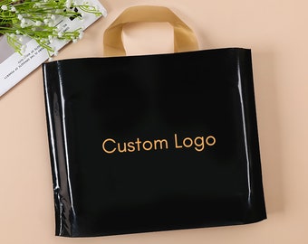 Double Sides Printed Shopping Bags 100 pcs, Boutique Custom Plastic Gift Bags with Logo Custom Merchandise Bags with Logo for Business