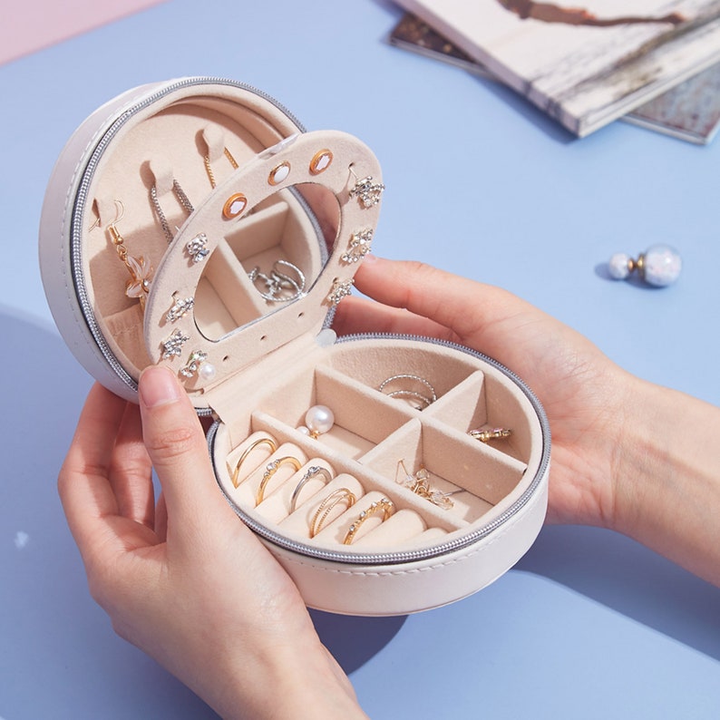 Personalized Round Travel Jewelry Case Earrings Necklace Etsy