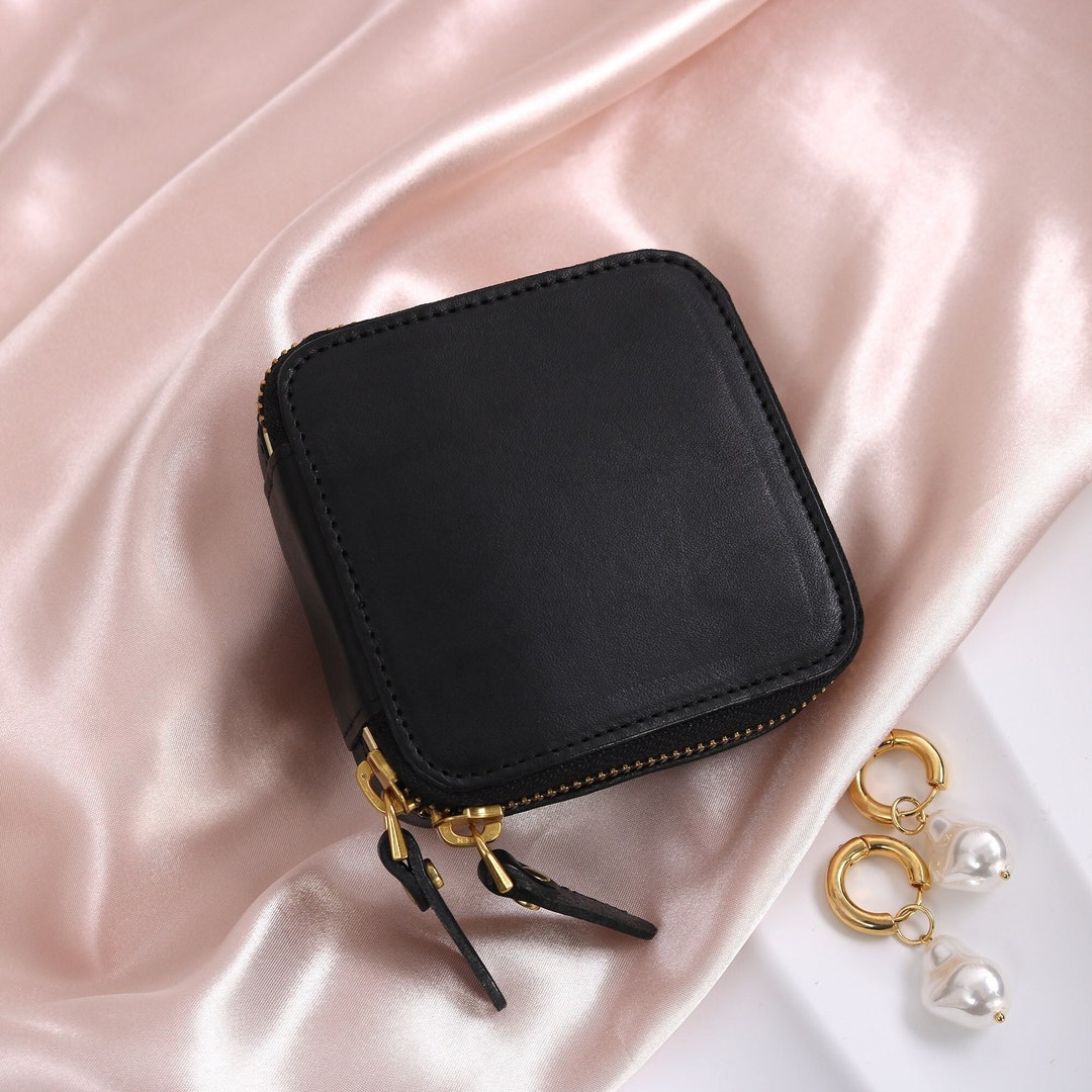 Black Leather Travel Jewelry Case, Small Travel Jewelry Organizer
