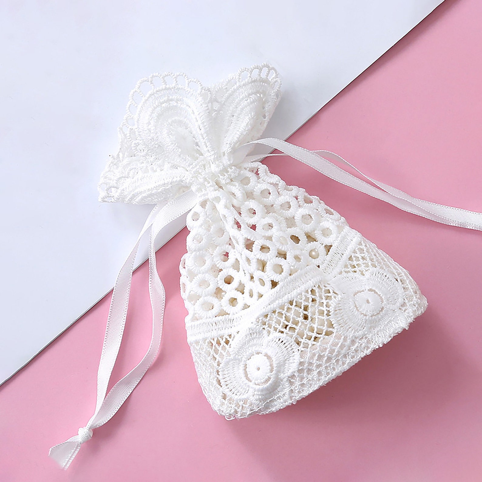 White Lace Gift Bagshollowedout Drawstring Bag Wedding Etsy