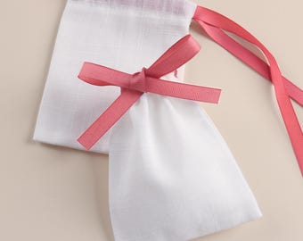 White Cotton Drawstring Bags: Watermelon Red Ribbon, Jewelry Gift Pouches