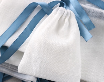 10-100pcs White Cotton Drawstring Wedding Favor Bags: Blue Ribbon, Custom Logo Available