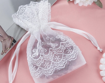 White Lace Jewelry pouches, Wedding Favor bags, Flower Jewelry Gift Pouch,Rosary Pouches, Necklace Candy Pouch Drawstring Party Favor Bags