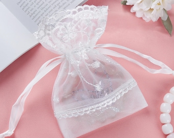 Organza bags Drawstring gift bags,White Lace pouches, Jewelry pouches, Wedding Favor bags, Floral gift bags,Jewelry bags,Party favor bags