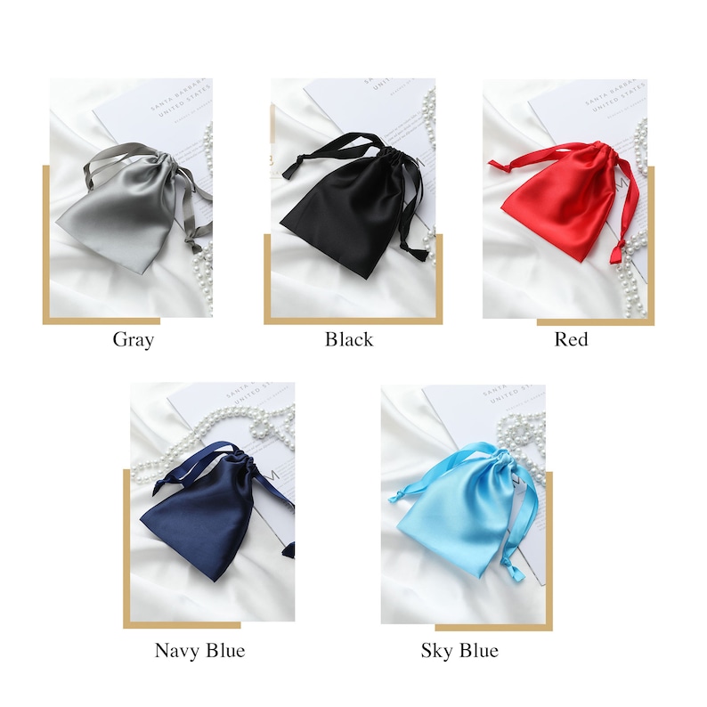 May include: Five small satin drawstring bags in different colors: gray, black, red, navy blue, and sky blue. The bags are arranged in a grid pattern on a white surface.