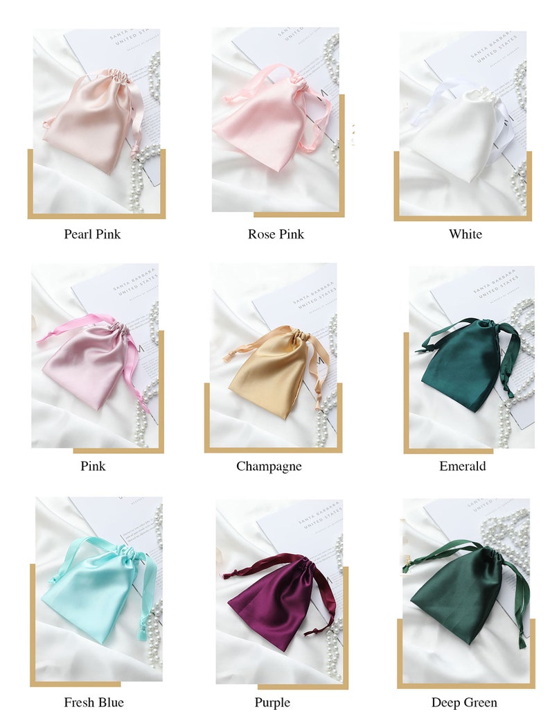 May include: Assortment of ten satin drawstring pouches in various colors, including pearl pink, rose pink, white, pink, champagne, emerald, fresh blue, purple, and deep green. The pouches are arranged in three rows of three, with each pouch sitting on a white surface with pearl beads scattered around it.