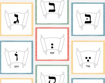 Alef Bet Flash Cards: Hebrew Alphabet & Nekudot Vowels, Matching Game (Printable)
