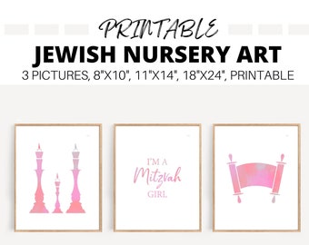 PINK Modern Jewish Art for Baby Girl Room, Torah printable, Shabbos candle art, Mitzvah Girl, Jewish Baby Gift, Jewish Nursery Art, SET of 3