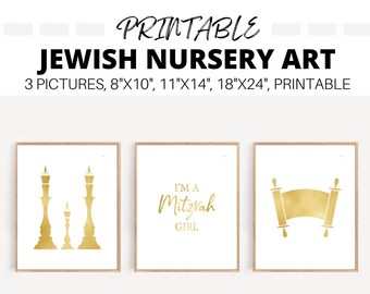 GOLD Jewish Nursery Art, SET of 3, Modern Jewish Art for Baby Girl Room, Torah printable, Shabbos candle art, Mitzvah Girl, Jewish Baby Gift